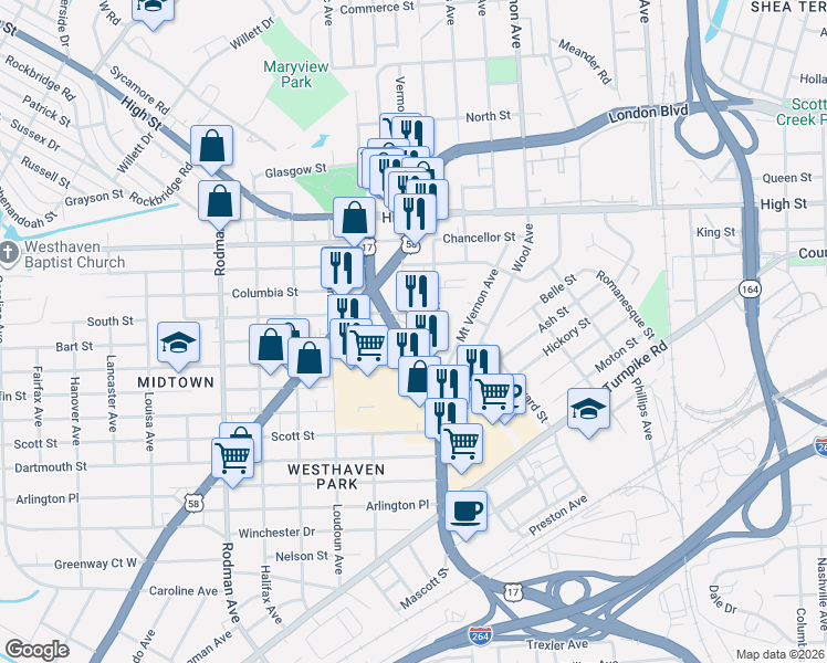 map of restaurants, bars, coffee shops, grocery stores, and more near 3113 South Street in Portsmouth
