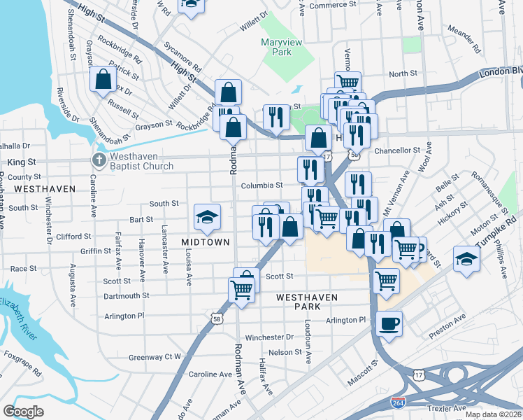 map of restaurants, bars, coffee shops, grocery stores, and more near 3517 South Street in Portsmouth