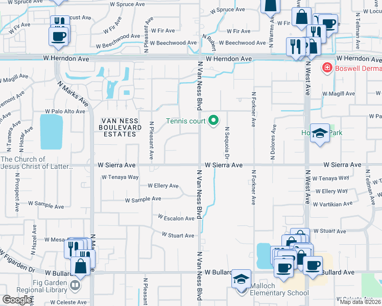 map of restaurants, bars, coffee shops, grocery stores, and more near 6435 North Van Ness Boulevard in Fresno