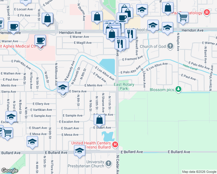 map of restaurants, bars, coffee shops, grocery stores, and more near 1745 East Menlo Avenue in Fresno