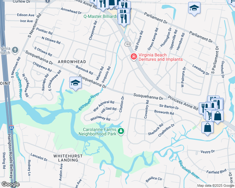 map of restaurants, bars, coffee shops, grocery stores, and more near 5509 Susquehanna Drive in Virginia Beach