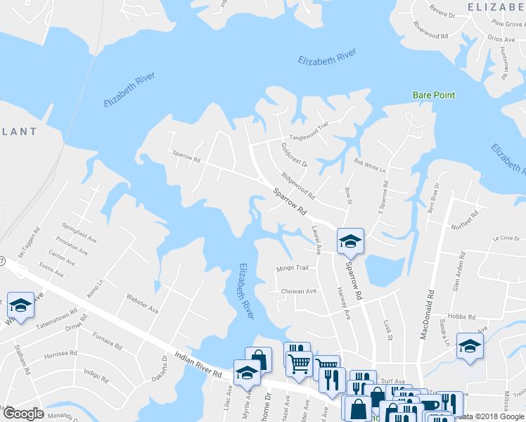 map of restaurants, bars, coffee shops, grocery stores, and more near 4212 Goldcrest Drive in Chesapeake
