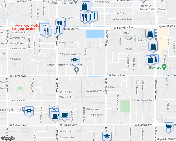 map of restaurants, bars, coffee shops, grocery stores, and more near 6444 North Remington Avenue in Fresno