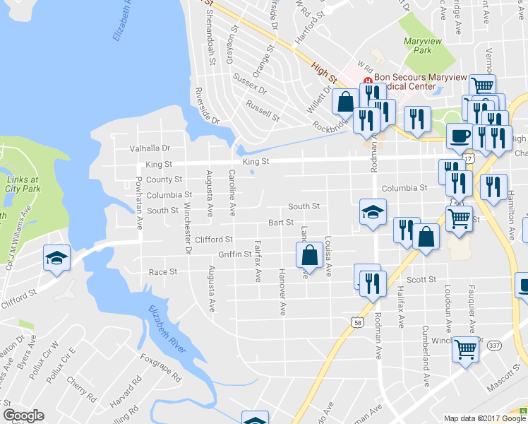 map of restaurants, bars, coffee shops, grocery stores, and more near 4111 South Street in Portsmouth