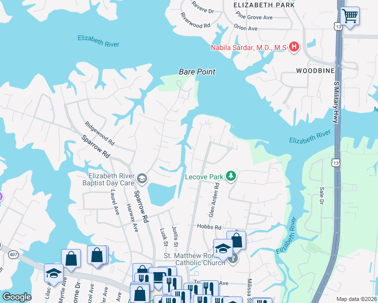 map of restaurants, bars, coffee shops, grocery stores, and more near 3521 Byrn Brae Drive in Virginia Beach