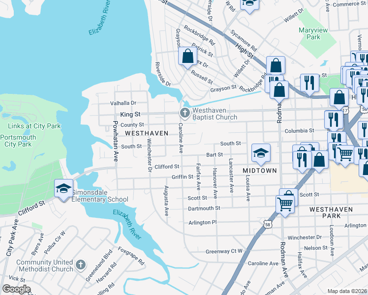 map of restaurants, bars, coffee shops, grocery stores, and more near 4215 South Street in Portsmouth