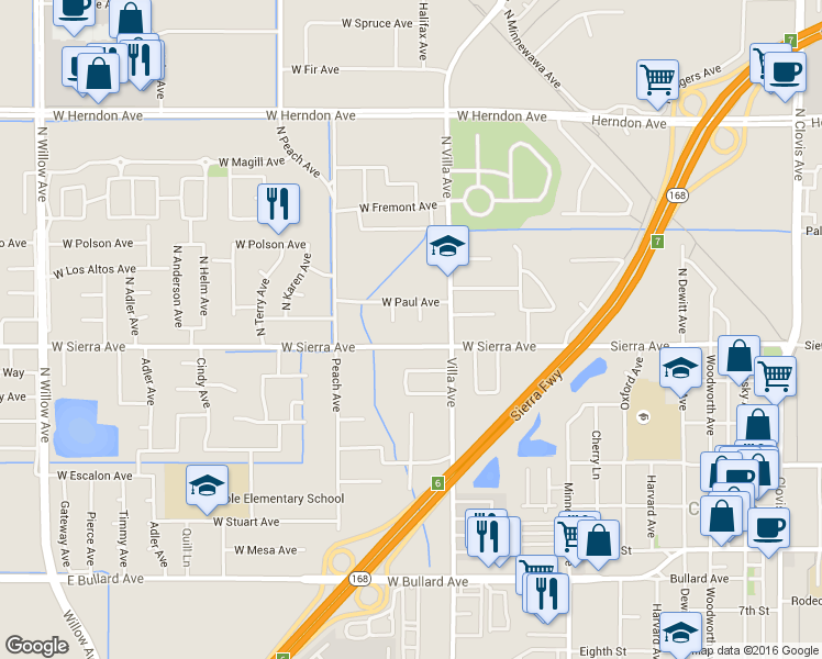 map of restaurants, bars, coffee shops, grocery stores, and more near 40 North Caesar Avenue in Clovis
