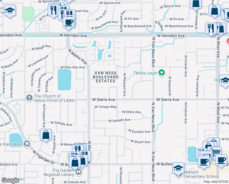 map of restaurants, bars, coffee shops, grocery stores, and more near 6445 North Briarwood Avenue in Fresno