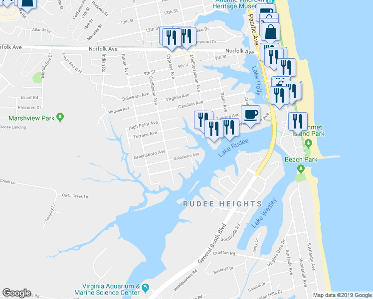 map of restaurants, bars, coffee shops, grocery stores, and more near 700 Greensboro Avenue in Virginia Beach