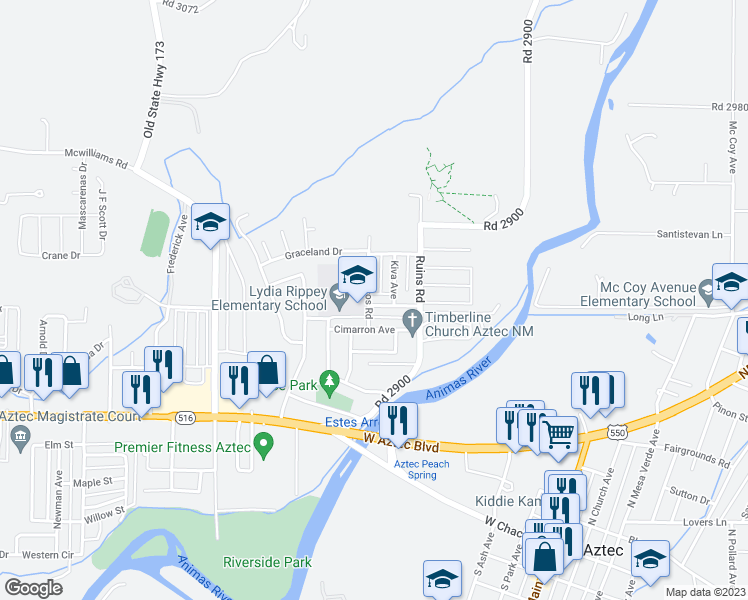 map of restaurants, bars, coffee shops, grocery stores, and more near 1007 Townsend Avenue in Aztec