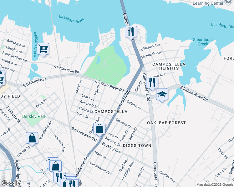 map of restaurants, bars, coffee shops, grocery stores, and more near 1100 Dane Street in Norfolk
