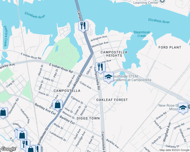 map of restaurants, bars, coffee shops, grocery stores, and more near 1616 East Indian River Road in Norfolk
