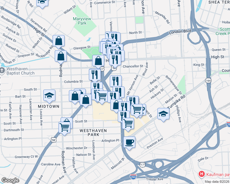 map of restaurants, bars, coffee shops, grocery stores, and more near 3113 South Street in Portsmouth