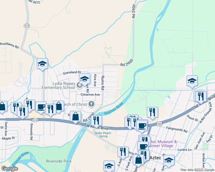 map of restaurants, bars, coffee shops, grocery stores, and more near 17 Ruins Road in Aztec