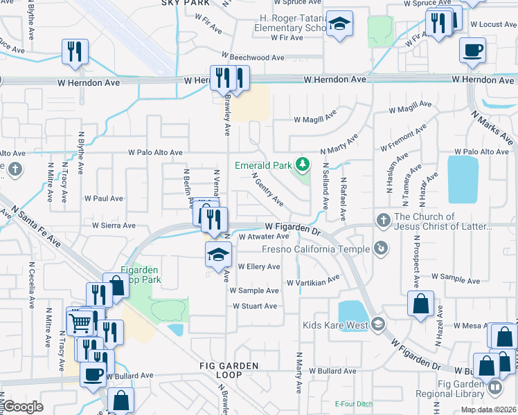 map of restaurants, bars, coffee shops, grocery stores, and more near 3725 West Della Lane in Fresno