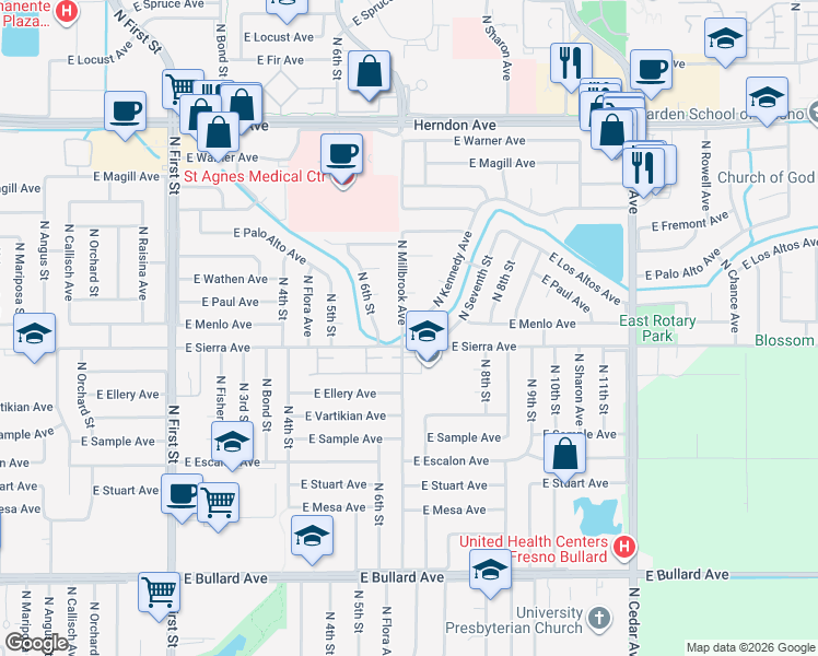 map of restaurants, bars, coffee shops, grocery stores, and more near 6442 North Kennedy Avenue in Fresno