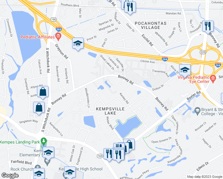 map of restaurants, bars, coffee shops, grocery stores, and more near 4942 Kemps Lake Drive in Virginia Beach