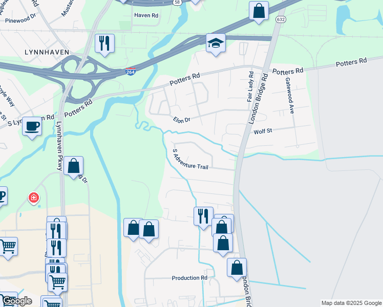 map of restaurants, bars, coffee shops, grocery stores, and more near 400 Adventure Court in Virginia Beach