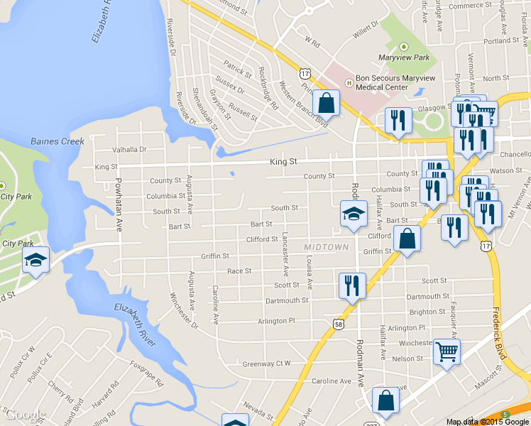 map of restaurants, bars, coffee shops, grocery stores, and more near 4019 South Street in Portsmouth