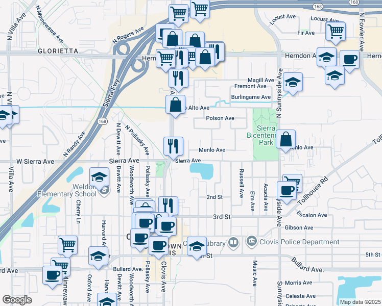 map of restaurants, bars, coffee shops, grocery stores, and more near 822 Menlo Avenue in Clovis