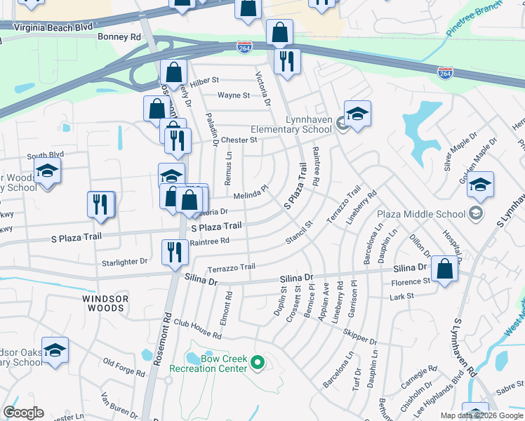 map of restaurants, bars, coffee shops, grocery stores, and more near 3413 Victoria Drive in Virginia Beach