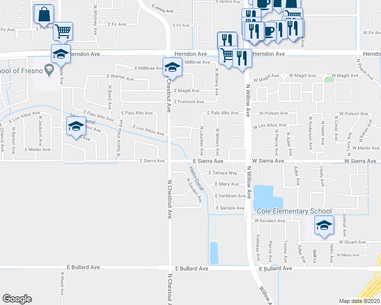 map of restaurants, bars, coffee shops, grocery stores, and more near 3110 East Sierra Avenue in Fresno