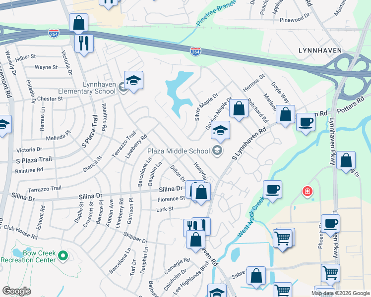 map of restaurants, bars, coffee shops, grocery stores, and more near 344 Hospital Drive in Virginia Beach