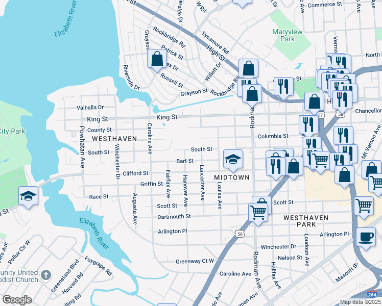 map of restaurants, bars, coffee shops, grocery stores, and more near 4019 South Street in Portsmouth