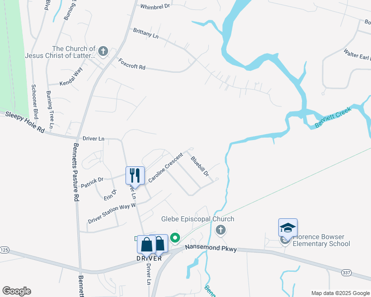 map of restaurants, bars, coffee shops, grocery stores, and more near 3125 Caroline Crescent in Suffolk