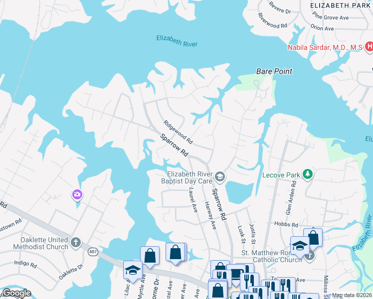 map of restaurants, bars, coffee shops, grocery stores, and more near 311 Sparrow Road in Chesapeake