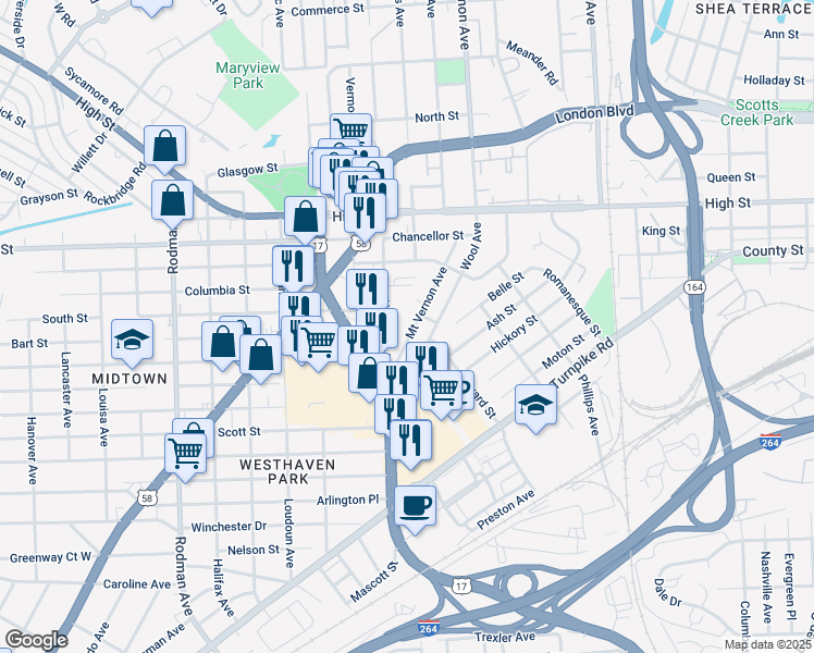 map of restaurants, bars, coffee shops, grocery stores, and more near 1514 Mount Vernon Avenue in Portsmouth