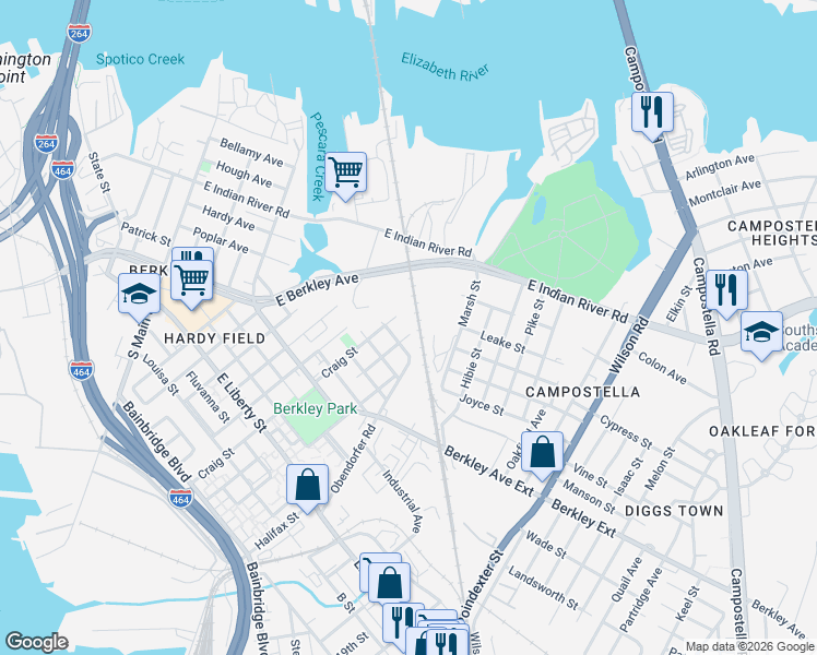 map of restaurants, bars, coffee shops, grocery stores, and more near 309 Middlesex Street in Norfolk