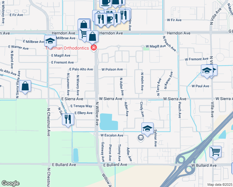 map of restaurants, bars, coffee shops, grocery stores, and more near 35 North Pierce Avenue in Clovis