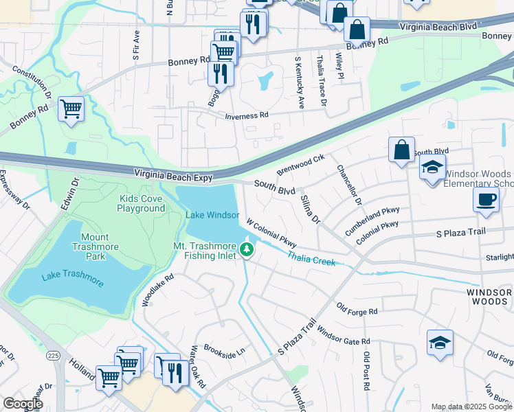 map of restaurants, bars, coffee shops, grocery stores, and more near 4005 Mintwood Court in Virginia Beach