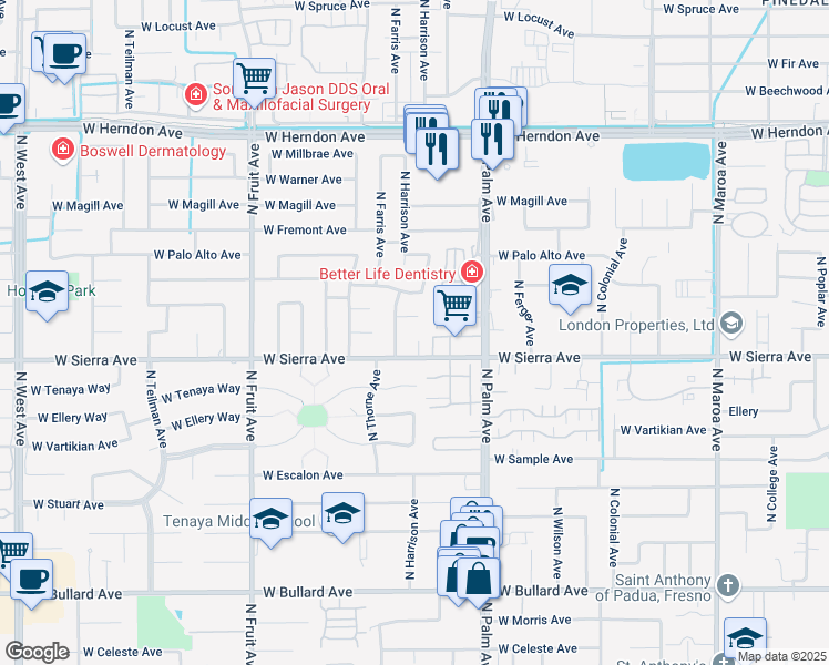 map of restaurants, bars, coffee shops, grocery stores, and more near 6433 North Safford Avenue in Fresno