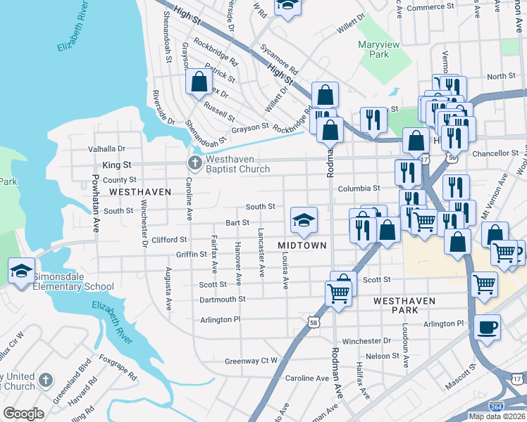 map of restaurants, bars, coffee shops, grocery stores, and more near 3915 South Street in Portsmouth