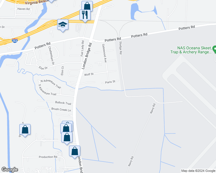 map of restaurants, bars, coffee shops, grocery stores, and more near 2237 Paris Street in Virginia Beach