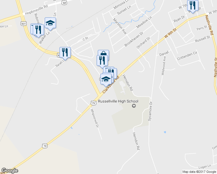 map of restaurants, bars, coffee shops, grocery stores, and more near West 9th Street in Russellville