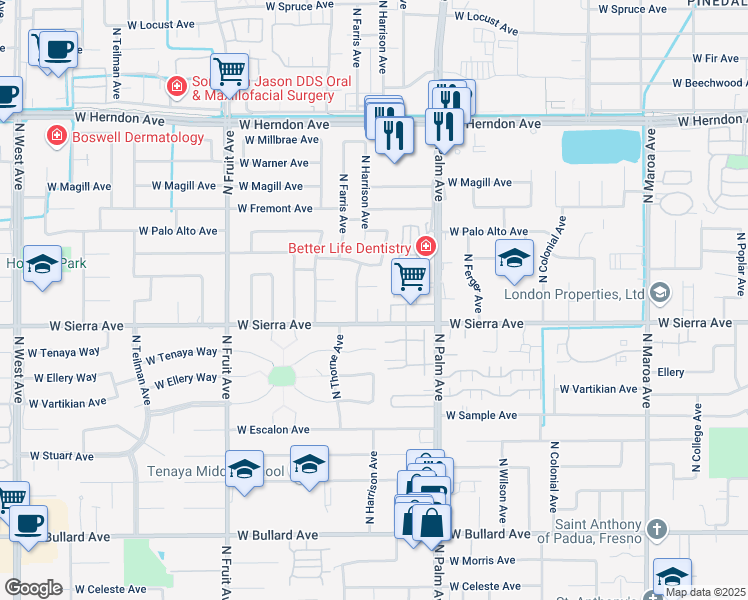map of restaurants, bars, coffee shops, grocery stores, and more near 6433 North Safford Avenue in Fresno