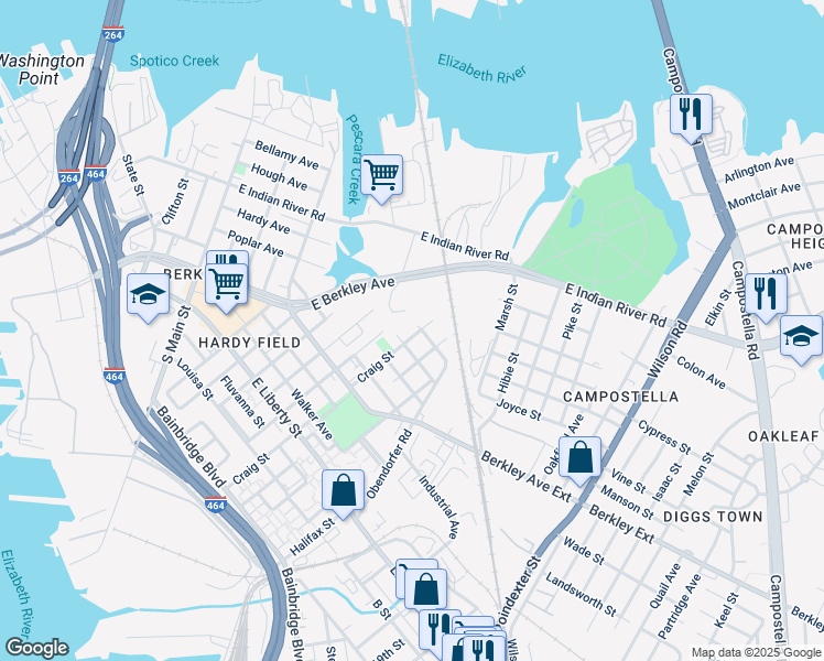map of restaurants, bars, coffee shops, grocery stores, and more near 405 Craig Street in Norfolk