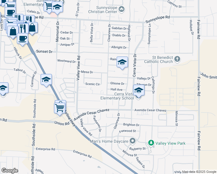 map of restaurants, bars, coffee shops, grocery stores, and more near 1410 Hall Avenue in Hollister