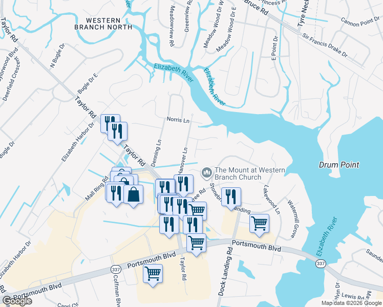 map of restaurants, bars, coffee shops, grocery stores, and more near 2508 Knox Court in Chesapeake