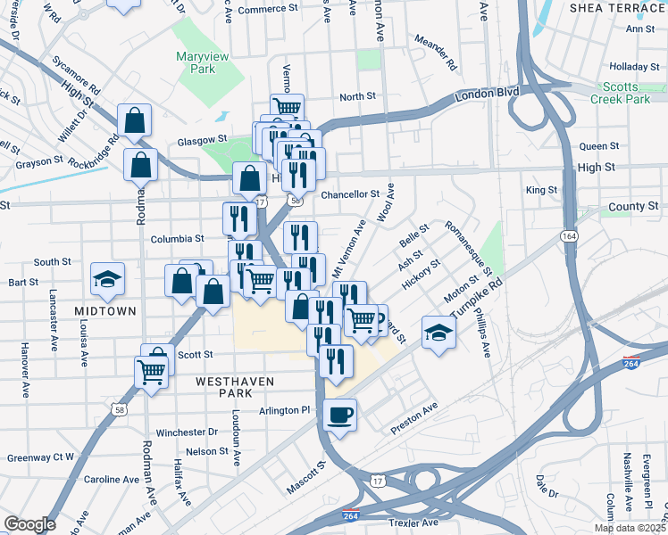 map of restaurants, bars, coffee shops, grocery stores, and more near 1504 Mount Vernon Avenue in Portsmouth