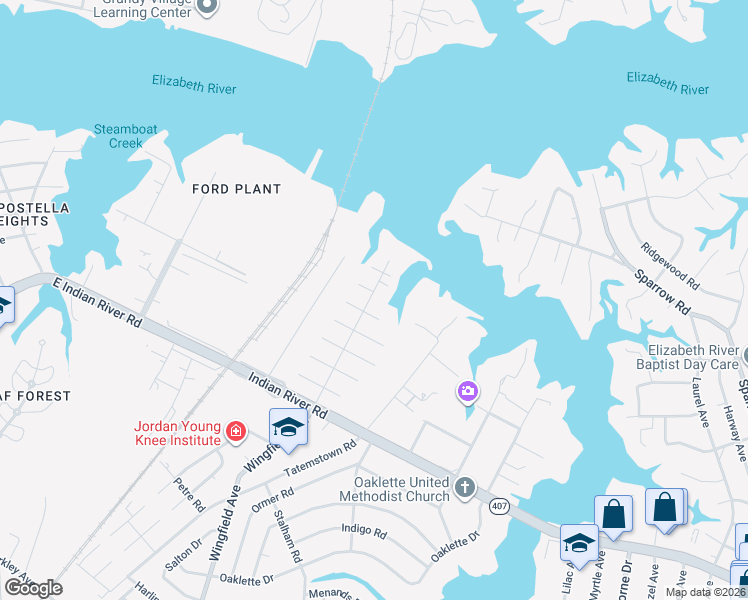 map of restaurants, bars, coffee shops, grocery stores, and more near 500 Wingfield Avenue in Chesapeake