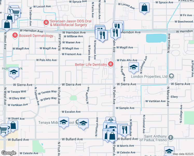 map of restaurants, bars, coffee shops, grocery stores, and more near 6433 North Safford Avenue in Fresno