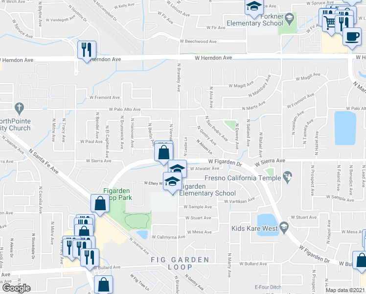 map of restaurants, bars, coffee shops, grocery stores, and more near 6455 North Leslie Lane in Fresno