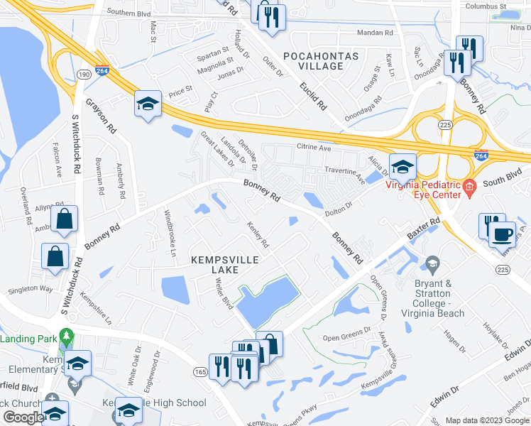 map of restaurants, bars, coffee shops, grocery stores, and more near 4901 Bonney Road in Virginia Beach
