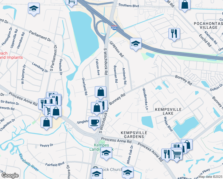 map of restaurants, bars, coffee shops, grocery stores, and more near 276 South Witchduck Road in Virginia Beach