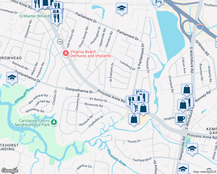 map of restaurants, bars, coffee shops, grocery stores, and more near 5328 South Palmyra Drive in Virginia Beach