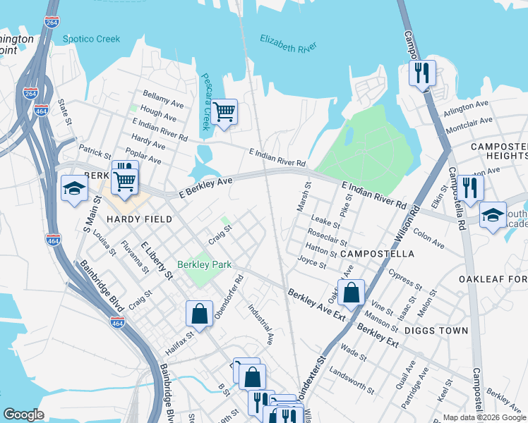 map of restaurants, bars, coffee shops, grocery stores, and more near 309 Middlesex Street in Norfolk